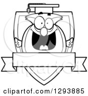 Clipart Of A Badge Or Label Of A Black And White Happy Professor Owl Over A Shield And Blank Banner Royalty Free Vector Illustration by Cory Thoman