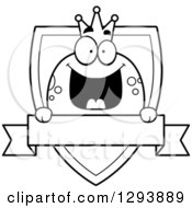 Clipart Of A Badge Or Label Of A Black And White Happy Frog Prince Over A Shield And Blank Banner Royalty Free Vector Illustration by Cory Thoman