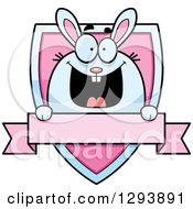 Clipart Of A Badge Or Label Of A Happy Bunny Rabbit Over A Pink Shield And Blank Banner Royalty Free Vector Illustration by Cory Thoman