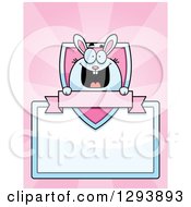Clipart Of A Badge Or Label Of A Happy Bunny Rabbit Over A Pink Shield And Blank Banner And Sign Over Rays Royalty Free Vector Illustration
