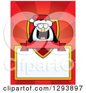 Clipart Of A Badge Or Label Of A Happy Christmas Penguin With A Shield Blank Sign Banner And Red Rays Royalty Free Vector Illustration by Cory Thoman