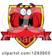 Poster, Art Print Of Badge Or Label Of A Happy Devil Over A Shield And Blank Banner