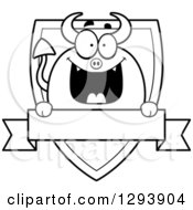 Poster, Art Print Of Badge Or Label Of A Black And White Happy Devil Over A Shield And Blank Banner