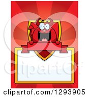 Poster, Art Print Of Badge Or Label Of A Happy Devil With A Shield Blank Sign And Banner Over Red Rays
