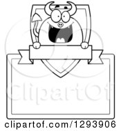 Poster, Art Print Of Badge Or Label Of A Black And White Happy Devil With A Shield Blank Sign And Banner