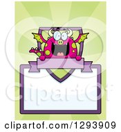 Poster, Art Print Of Badge Or Label Of A Happy Dragon With A Shield Banner And Blank Sign Over Green Rays