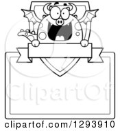 Poster, Art Print Of Badge Or Label Of A Black And White Happy Dragon With A Shield Banner And Blank Sign