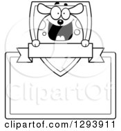 Clipart Of A Badge Or Label Of A Black And White Happy Dog With A Shield Banner And Blank Sign Royalty Free Vector Illustration