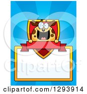 Poster, Art Print Of Badge Or Label Of A Happy Dog With A Shield Banner And Blank Sign Over Blue Rays