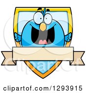 Poster, Art Print Of Badge Or Label Of A Happy Blue Bird Over A Shield And Blank Banner