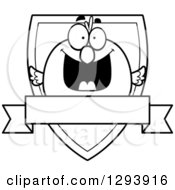 Clipart Of A Badge Or Label Of A Happy Black And White Bird Over A Shield And Blank Banner Royalty Free Vector Illustration