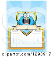 Poster, Art Print Of Badge Or Label Of A Happy Blue Bird With A Shield Sign And Blank Banner Over Rays