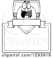 Clipart Of A Badge Or Label Of A Happy Black And White Bird With A Shield Sign And Blank Banner Royalty Free Vector Illustration