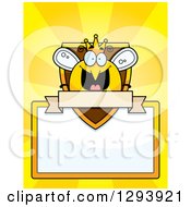Badge Or Label Of A Happy Queen Or King Bee Over A Shield Sign And Blank Banner Over Yellow Rays