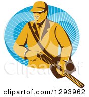 Poster, Art Print Of Retro Yellow Male Hunter Holding A Rifle And Emerging From An Oval Of Blue Rays