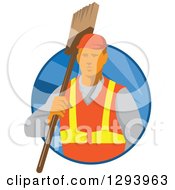 Poster, Art Print Of Retro White Male Janitor Holding A Broom Over His Shoulder In A Blue Circle Of Rays