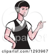 Poster, Art Print Of Retro White Female Call Center Worker Pointing And Wearing A Headset
