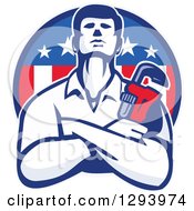 Clipart Of A Retro Male Plumber With Folded Arms And A Monkey Wrench Emerging From An American Circle Royalty Free Vector Illustration