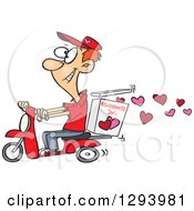 Clipart Of A Cartoon Happy Young White Male Valentine Hearts Delivery Man On A Scooter Royalty Free Vector Illustration