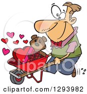 Clipart Of A Cartoon Happy White Man Pushing A Valentines Day Teddy Bear Roses And Candy In A Wheelbarrow Royalty Free Vector Illustration