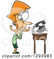 Poster, Art Print Of Cartoon Red Haired White Woman With Phonephobia Shaking By A Ringing Telephone
