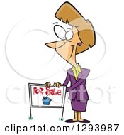 Poster, Art Print Of Cartoon Pleasant Blond White Female Realtor Listing A House For Sale With A Sign