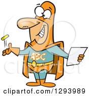 Clipart Of A Cartoon Happy White Male Super Hero Teacher With Paper And Chalk Royalty Free Vector Illustration