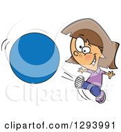 Cartoon Happy Brunette White Girl Kicking A Ball Or Circle