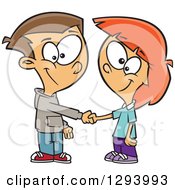 Clipart Of A Cartoon Happy White Boy And Girl Shaking Hands On A Deal Or Friendship Royalty Free Vector Illustration
