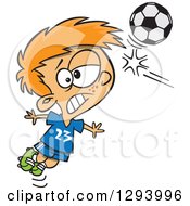 Poster, Art Print Of Cartoon Red Haired White Boy Heading A Soccer Ball