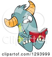 Poster, Art Print Of Cartoon Happy Turquoise Monster Reading A Book