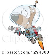 Poster, Art Print Of Cartoon Happy Brown Space Dog Flying With A Jet Pack And Holding A Ray Gun