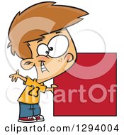 Cartoon Happy White Boy Holding A Red Square Or Blank Sign