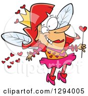 Clipart Of A Cartoon Happy Red Haired White Female Valentine Fairy Spreading Love Royalty Free Vector Illustration by toonaday