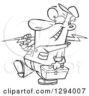 Lineart Clipart Of A Black And White Cartoon Happy Male Electrician Walking With A Bolt And Tool Box Royalty Free Outline Vector Illustration by toonaday