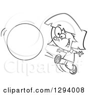 Black And White Cartoon Happy Girl Kicking A Ball Or Circle