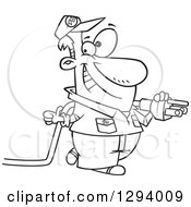 Lineart Clipart Of A Black And White Cartoon Happy Male Electrician Walking With A Power Cord And Giving A Thumb Up Royalty Free Outline Vector Illustration