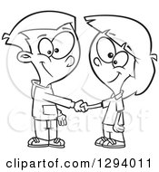 Lineart Clipart Of A Black And White Cartoon Happy Boy And Girl Shaking Hands On A Deal Or Friendship Royalty Free Outline Vector Illustration by toonaday