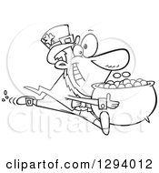 Poster, Art Print Of Black And White Cartoon Happy Leprechaun Sprinting With His Pot Of Gold Coins
