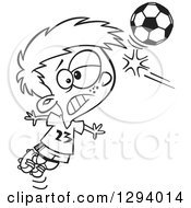 Poster, Art Print Of Black And White Cartoon Boy Heading A Soccer Ball