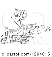 Lineart Clipart Of A Black And White Cartoon Happy Young Male Valentine Hearts Delivery Man On A Scooter Royalty Free Outline Vector Illustration by toonaday