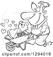 Lineart Clipart Of A Black And White Cartoon Happy Man Pushing A Valentines Day Teddy Bear Roses And Candy In A Wheelbarrow Royalty Free Outline Vector Illustration by toonaday