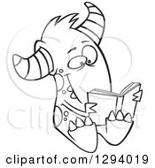 Lineart Clipart Of A Black And White Cartoon Happy Monster Reading A Book Royalty Free Outline Vector Illustration