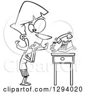 Lineart Clipart Of A Black And White Cartoon Woman With Phonephobia Shaking By A Ringing Telephone Royalty Free Outline Vector Illustration
