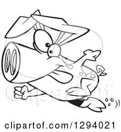 Lineart Clipart Of A Black And White Cartoon Determined Pig Sprinting Royalty Free Outline Vector Illustration