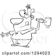 Lineart Clipart Of A Black And White Cartoon Man Making A Rash Decision To Smash The Fly On His Head Royalty Free Outline Vector Illustration
