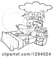 Lineart Clipart Of A Black And White Cartoon Really Sick Man Resting In Bed With A Cloud Over Him Royalty Free Outline Vector Illustration by toonaday