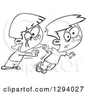 Lineart Clipart Of A Black And White Cartoon Mean Girl Bullying And Shoving A Boy Royalty Free Outline Vector Illustration