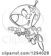 Black And White Cartoon Happy Space Dog Flying With A Jet Pack And Holding A Ray Gun