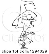 Lineart Clipart Of A Black And White Cartoon Happy Female Witch With Pet Spiders Royalty Free Outline Vector Illustration by toonaday